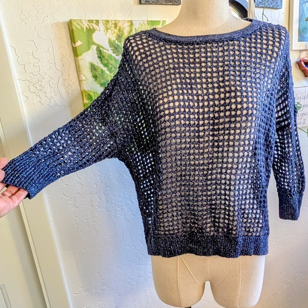 Navy Stardust Open-Weave Scoop Neck Sweater BOHO Festival Whimsicraft Express